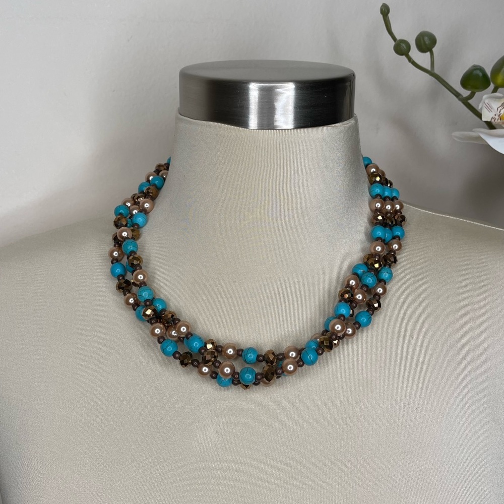 Turquoise Beaded Bronze Triple Stand Necklace - Picture 8 of 8